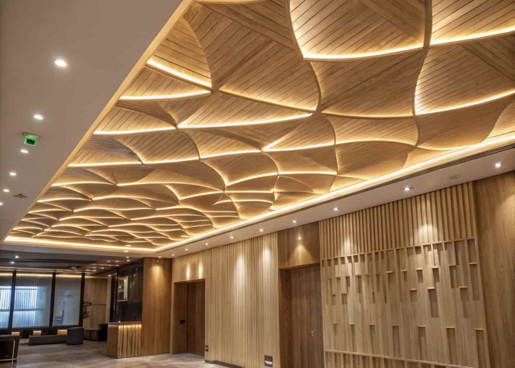 layered plywood ceiling, modern design, soft lighting