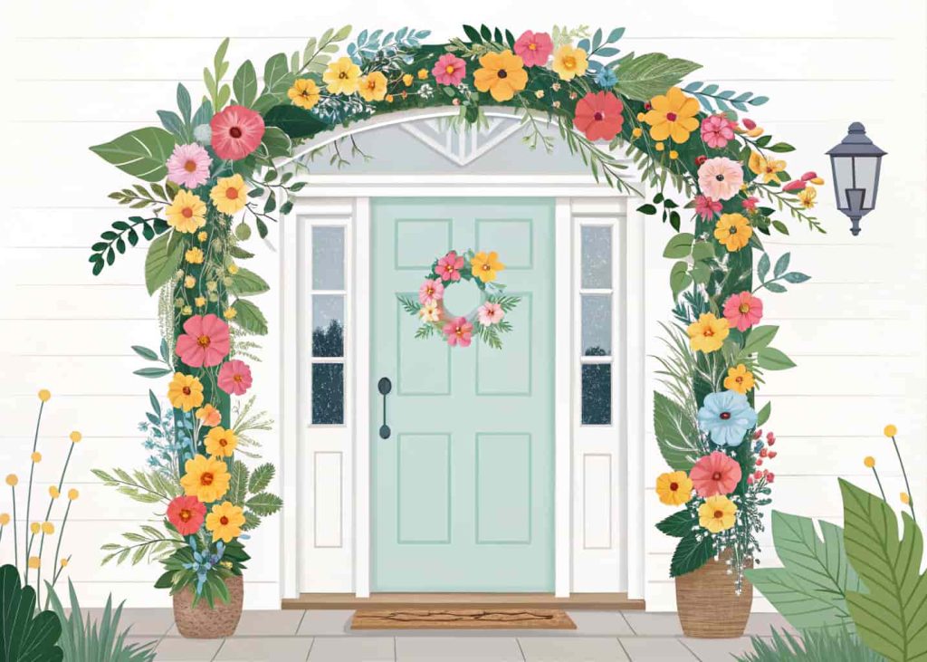 Front door decorated with a spring floral garland, colorful flowers and green leaves”