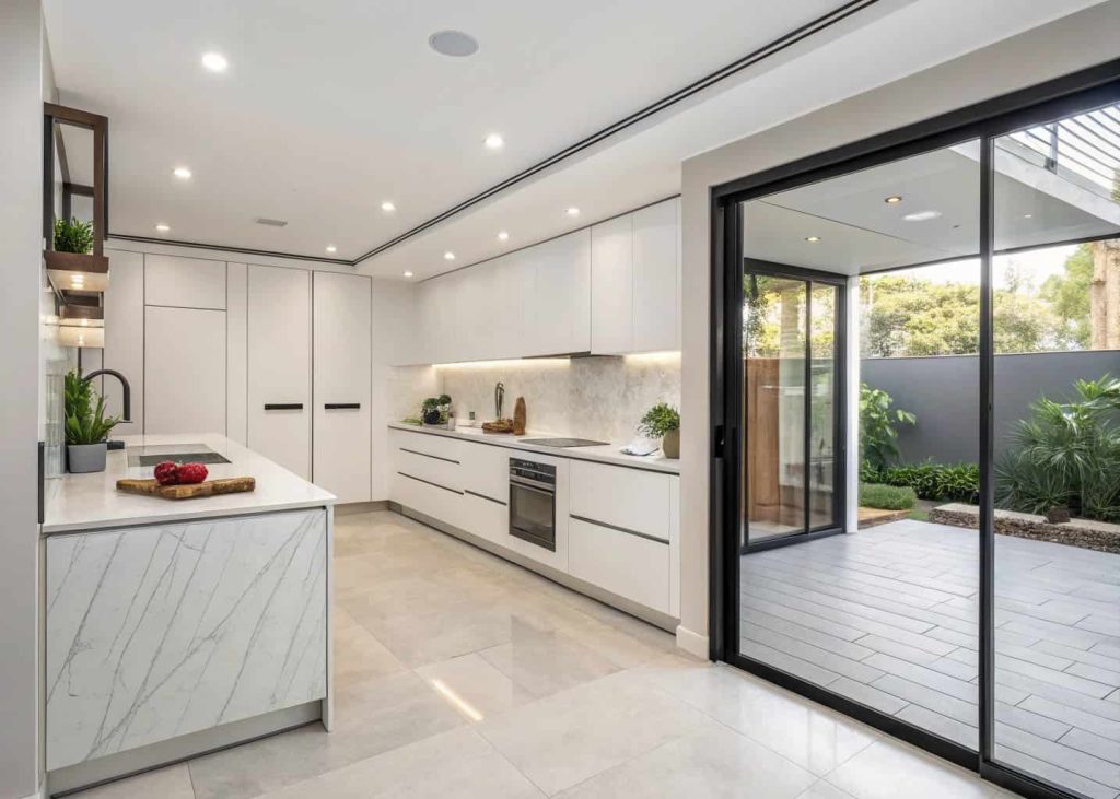Modern small kitchen with sleek sliding cabinet doors