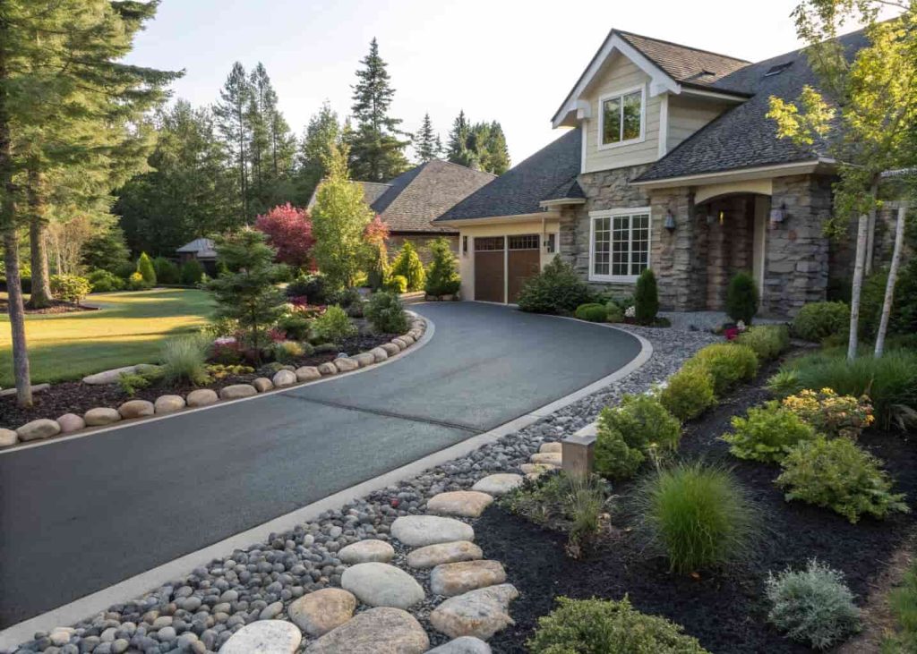 Residential driveway with smooth black river rocks lining both edges, neat garden plants alongside, sunny daytime, curb appeal landscaping photo