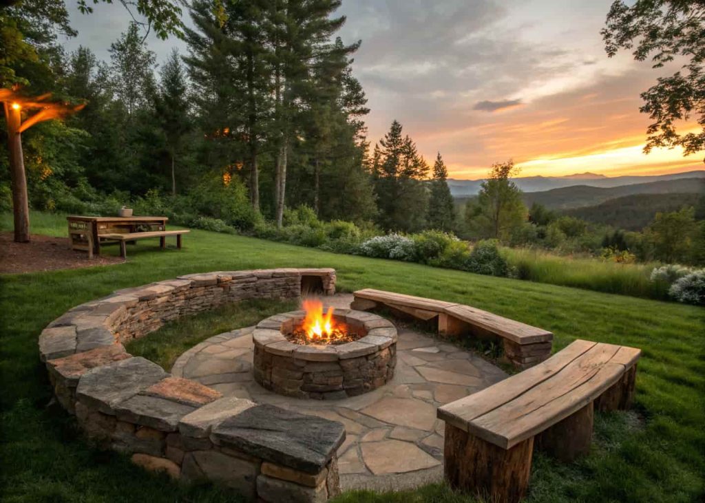 A classic in-ground stone fire pit glowing with warm fire in a green backyard during sunset, surrounded by simple wooden benches