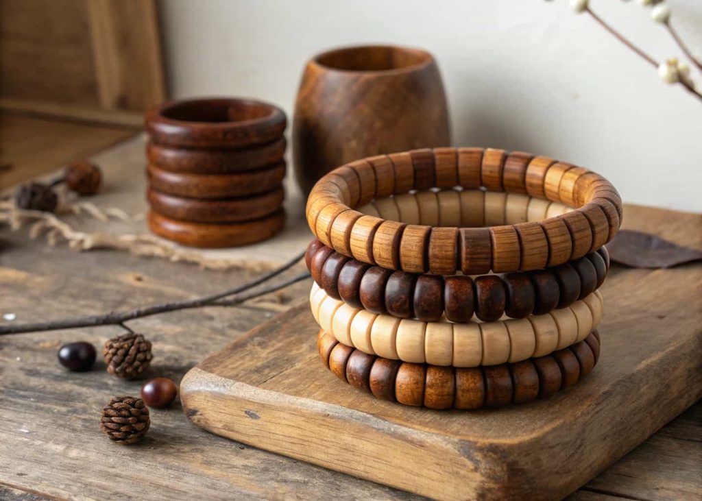 A stack of handmade wooden bead bangles in natural and dark walnut tones arranged on a rustic wooden board with warm lighting