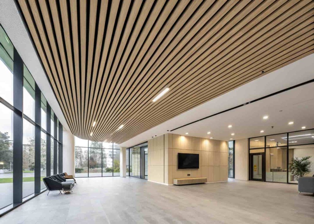 striped plywood ceiling, linear design, modern room