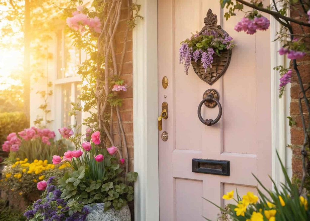Front door with decorative spring-themed knocker, flowers and sunlight, welcoming feel”