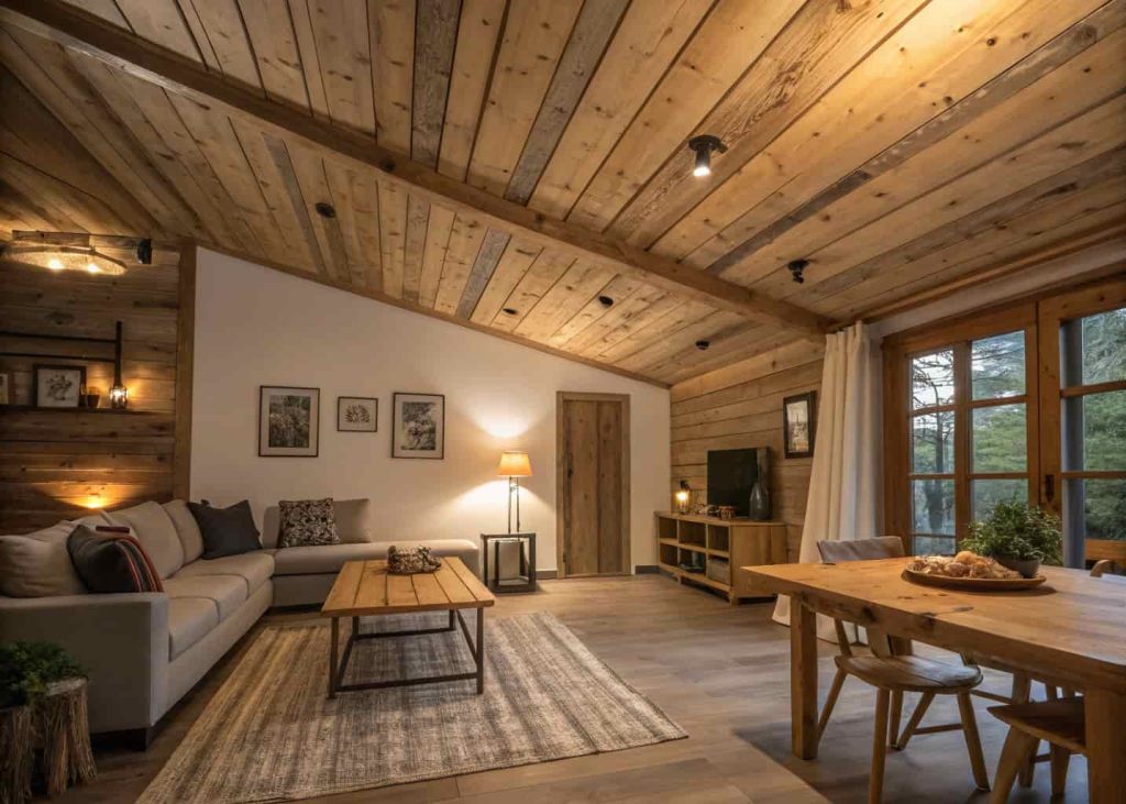 Rustic wooden plank ceiling with natural wood texture in a cozy living room, warm lighting, simple furniture, farmhouse style