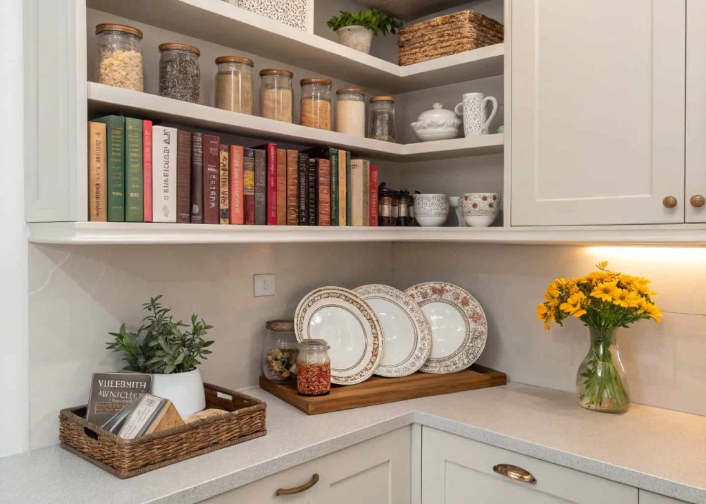 Kitchen corner with neatly arranged corner shelves and decor