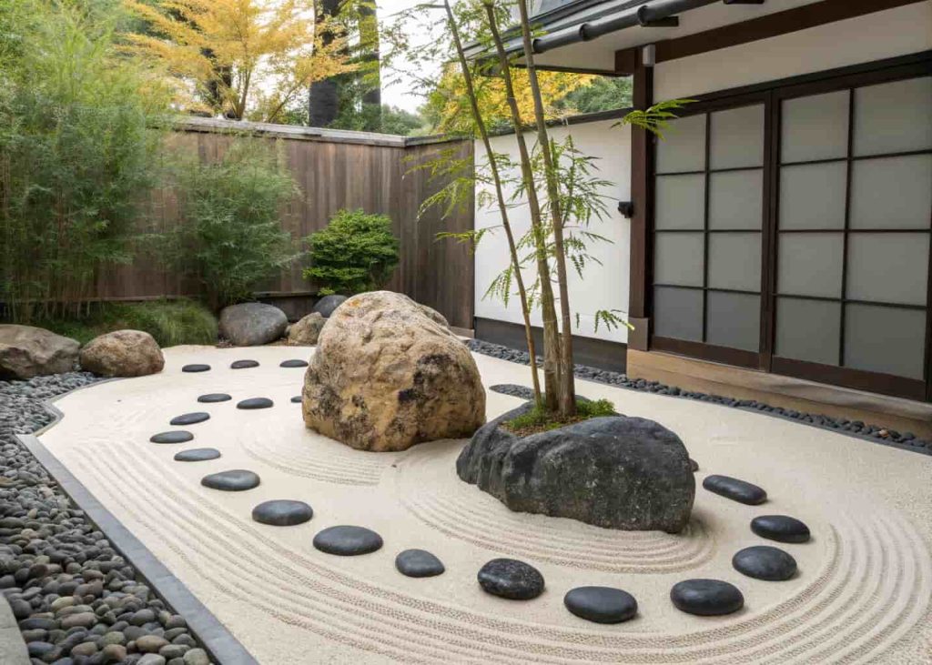 A zen garden with black river rocks placed on light sand, large decorative boulder in center, bamboo plant nearby, peaceful outdoor setting, Japanese garden style