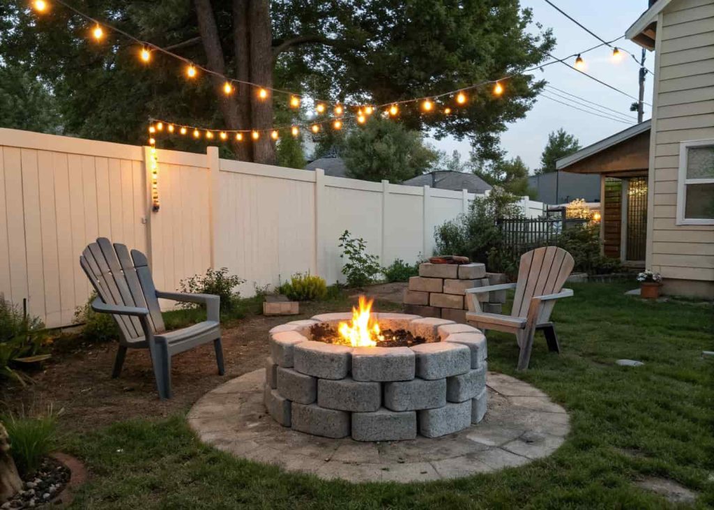 A DIY concrete block fire pit with a burning fire in a small backyard, surrounded by simple chairs and overhead string lights.