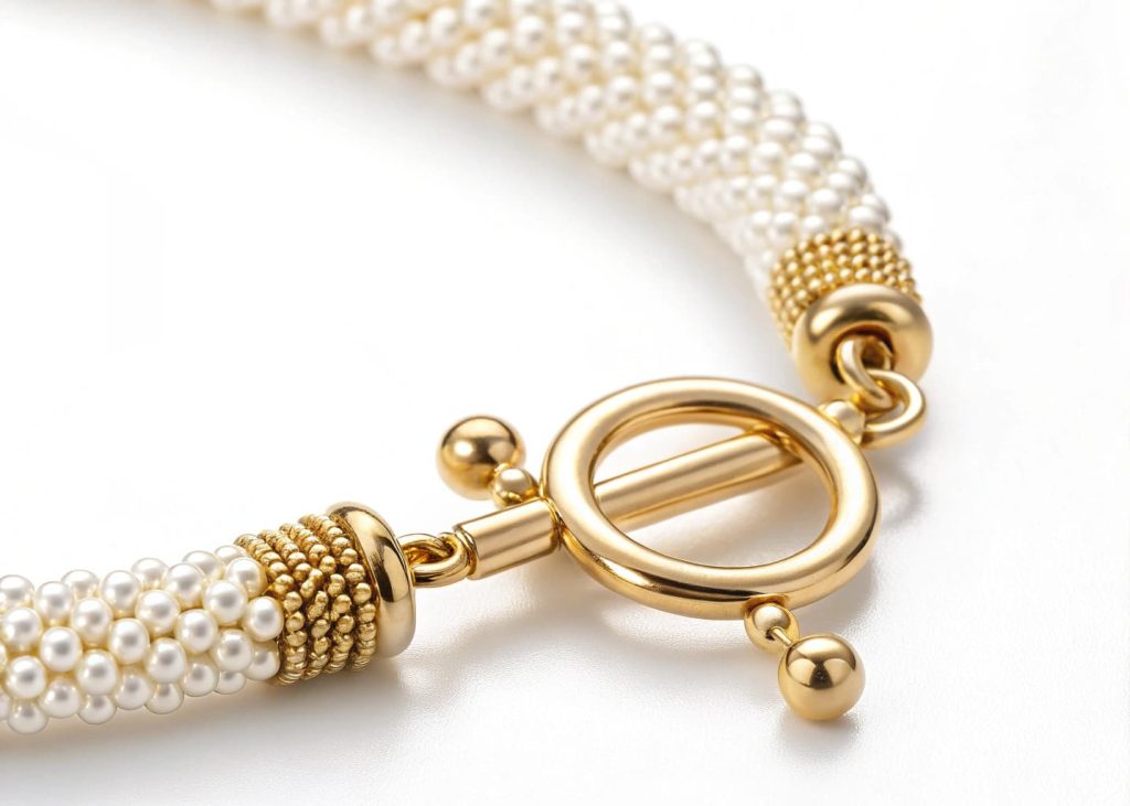 Macro close-up of a gold toggle clasp fastening a beaded bracelet on a clean white background highlighting quality finishing details