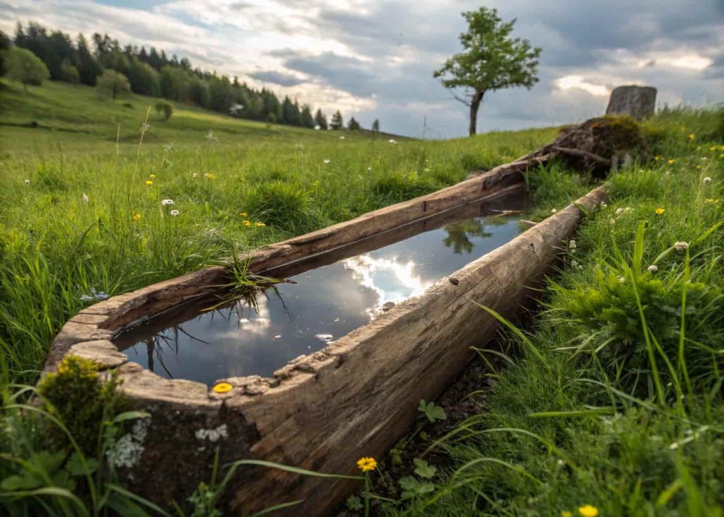 A hollowed wooden log filled with water, surrounded by grass and small plants.