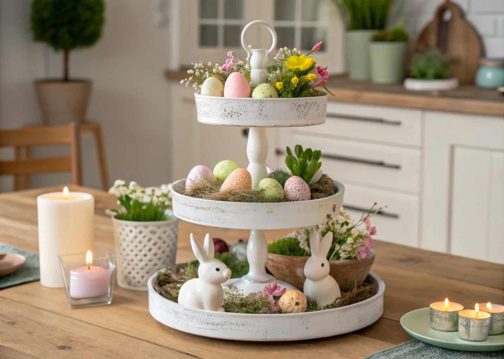 A three-tiered white farmhouse tray decorated with Easter items including mini bunny figurines, pastel eggs, small candles, and spring flowers, on a rustic kitchen table, warm indoor lighting