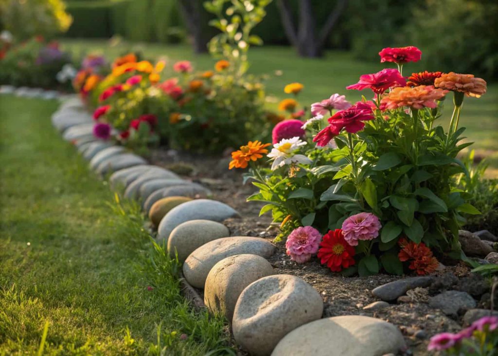 A flower bed with colorful blooms bordered by smooth river rocks in a neat single row, lush green garden background, close-up realistic photo, warm afternoon sunlight
