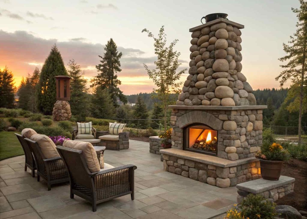Outdoor river rock fireplace on a patio with rounded smooth stones, a crackling fire at dusk, and outdoor seating arranged around it in a garden setting