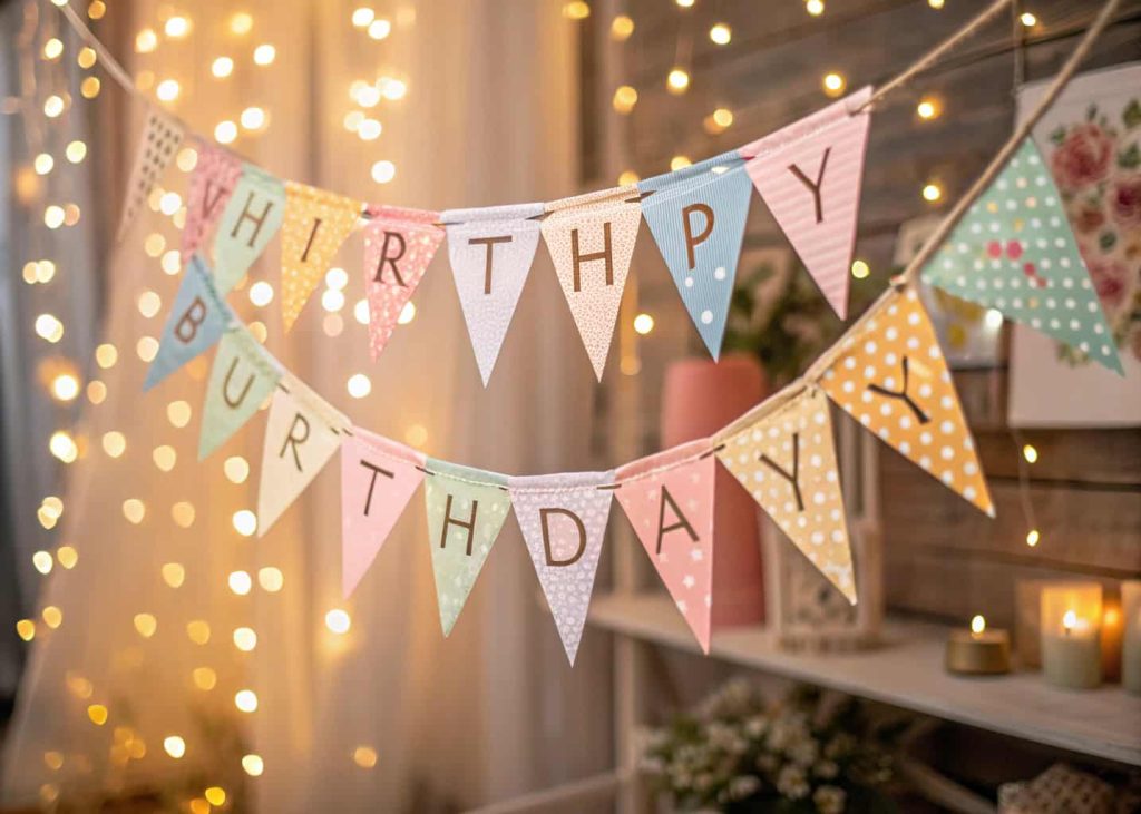 Colorful pastel paper bunting with triangle pennants spelling a birthday message hanging on twine.