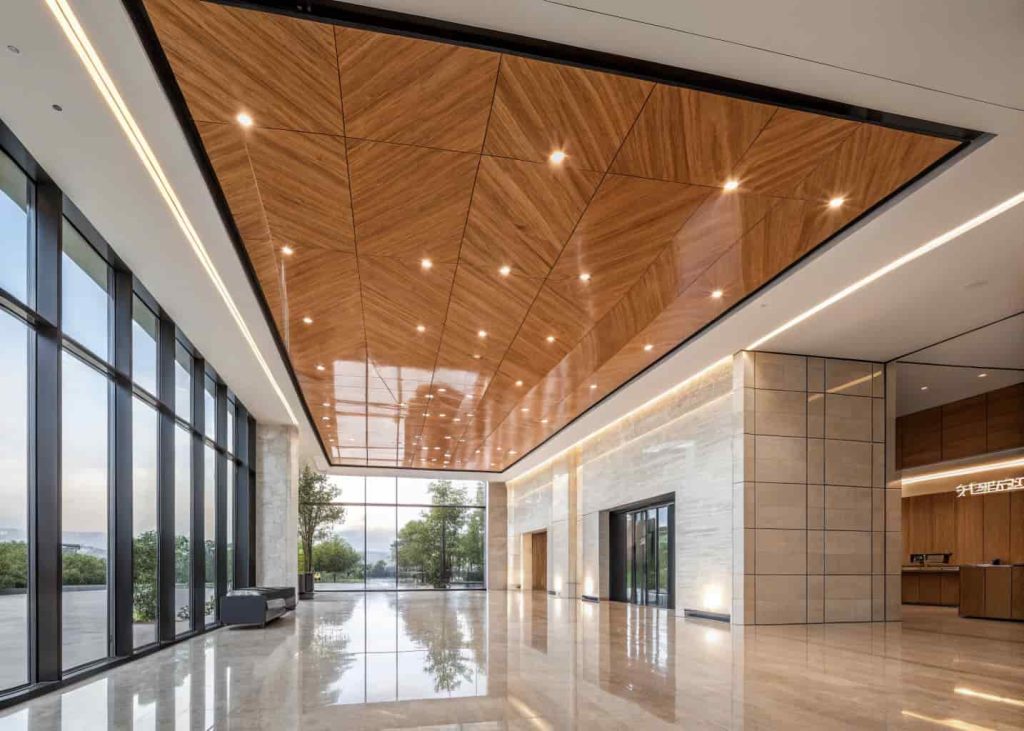glossy plywood ceiling, reflective surface, modern interior
