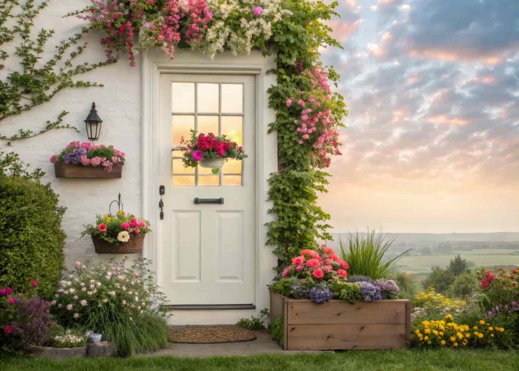Front door with flower-filled window boxes, bright spring colors, cozy garden setting”