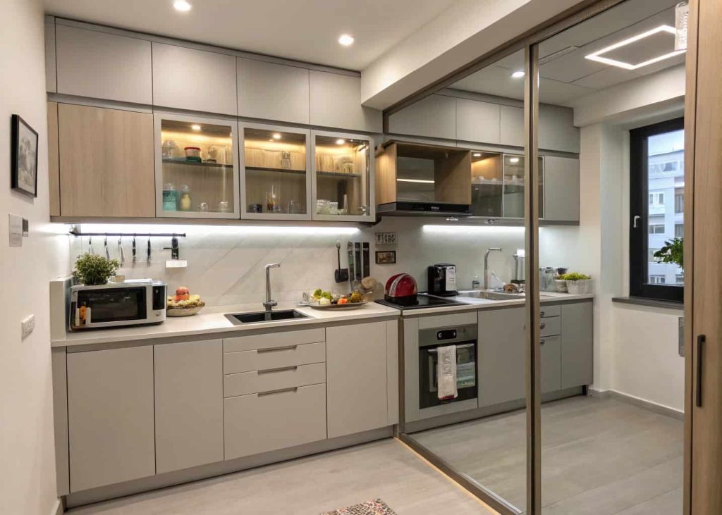 Small kitchen with a reflective mirrored backsplash