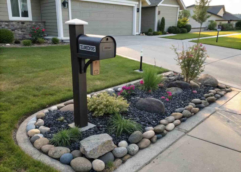Residential mailbox base surrounded by smooth black river rocks with small flowering plants, neat front yard, bright natural daylight, curb appeal focus