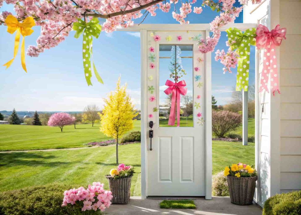 “Front door with colorful spring ribbons and bow, flowers around, sunny backyard”