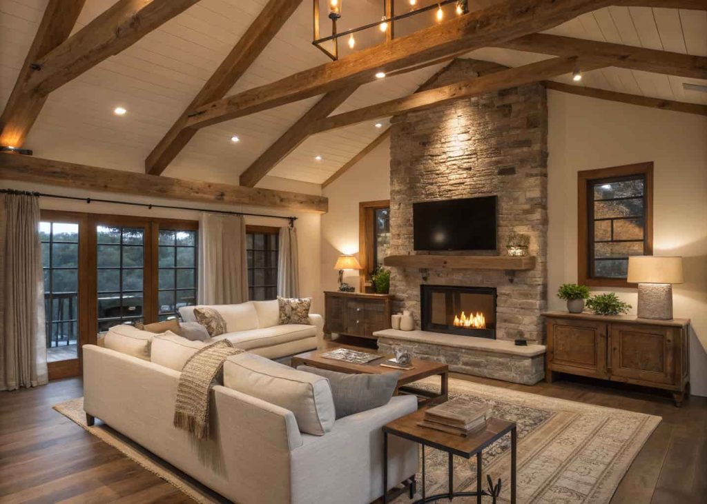 Exposed wooden beam ceiling in a cozy living room, neutral tones, warm lights, modern rustic interior