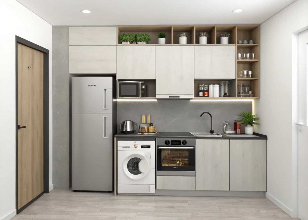 Small kitchen with sleek compact appliances and minimal design