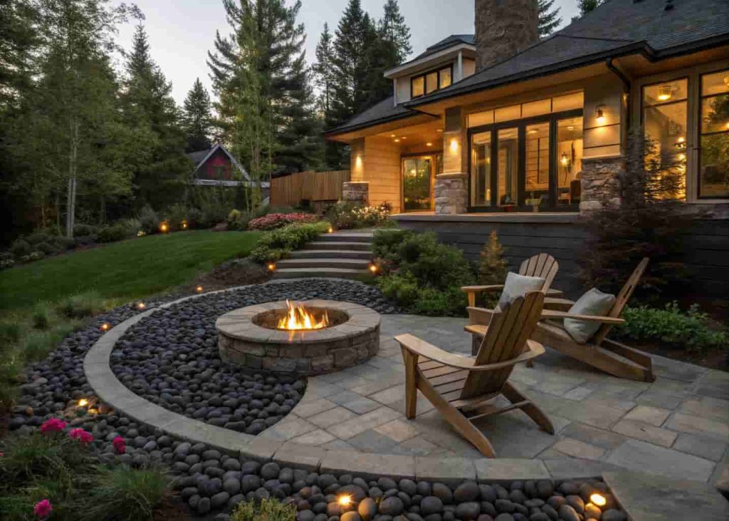 Outdoor fire pit surrounded by smooth black river rocks in a circular pattern, wooden chairs nearby, warm evening lighting, backyard setting, stylish landscaping