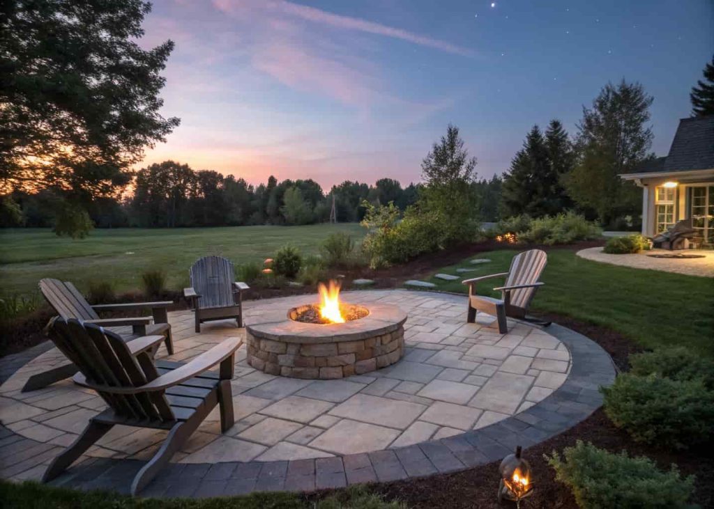 A fire pit centered on a circular stone paver patio with Adirondack chairs around it in a well-kept backyard during evening.