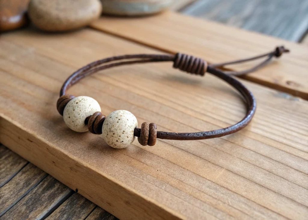 A minimalist handmade bracelet with three ceramic beads on a dark brown leather cord resting on a natural wooden surface in soft light