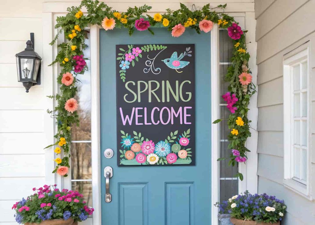 “Front door with a personalized spring welcome sign, flowers and garland, bright cheerful look”