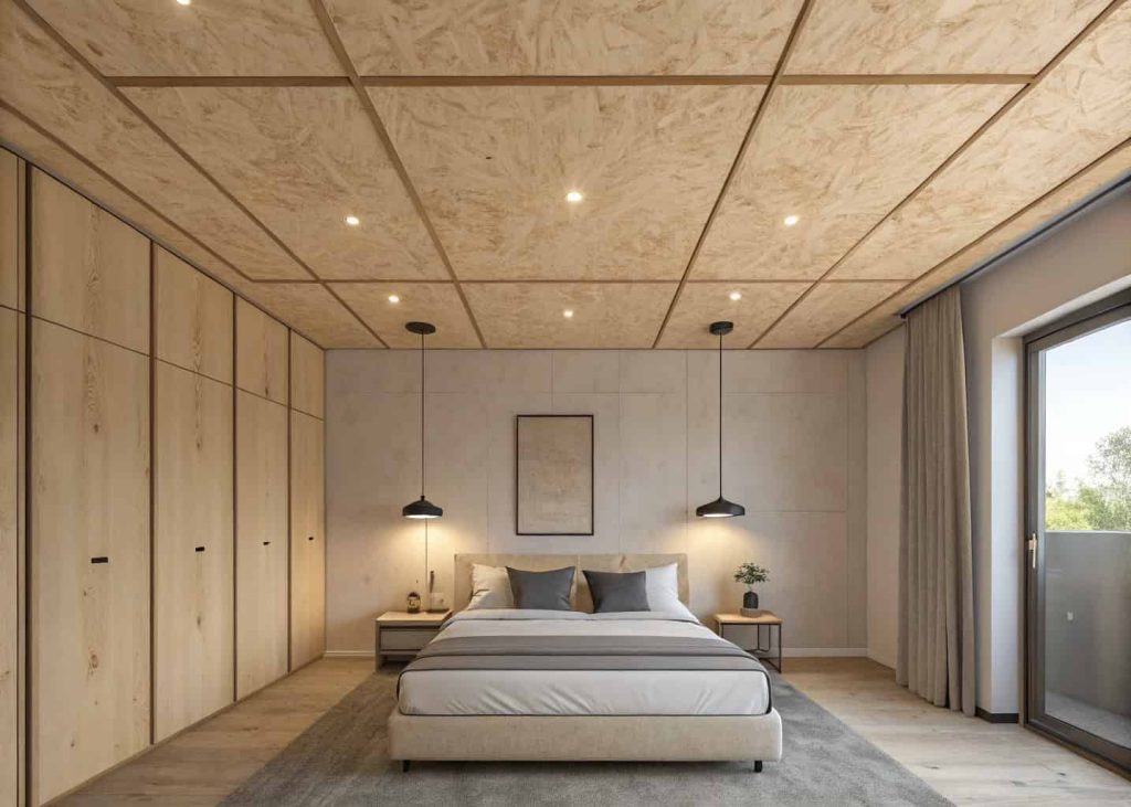 Plywood ceiling panels with smooth finish in a simple bedroom, modern lighting, minimal furniture