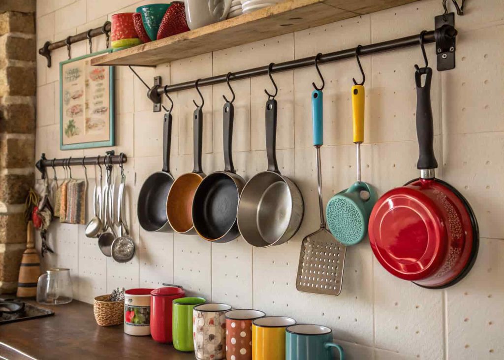 Kitchen wall with hanging utensils, mugs, and pans
