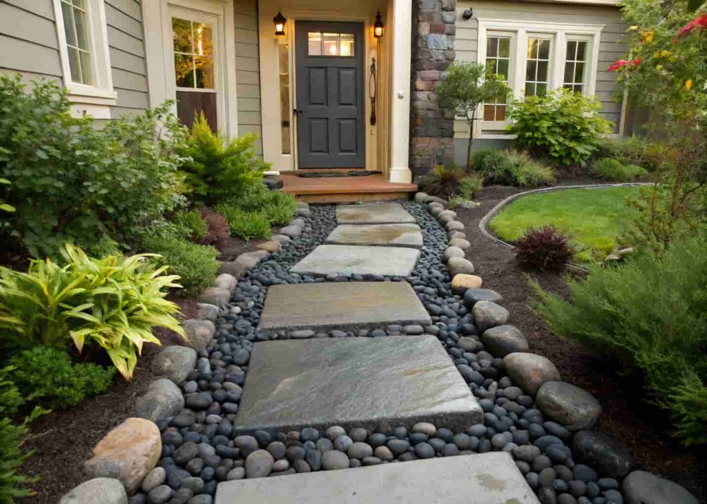 A front door walkway with large flat stepping stones surrounded by smooth black river rocks, green plants on both sides, welcoming curb appeal, daylight photography