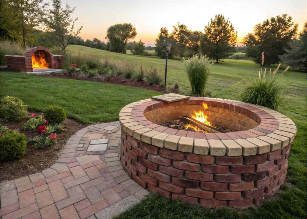 A raised circular red brick fire pit with a glowing fire inside, set in a green backyard garden during the daytime.