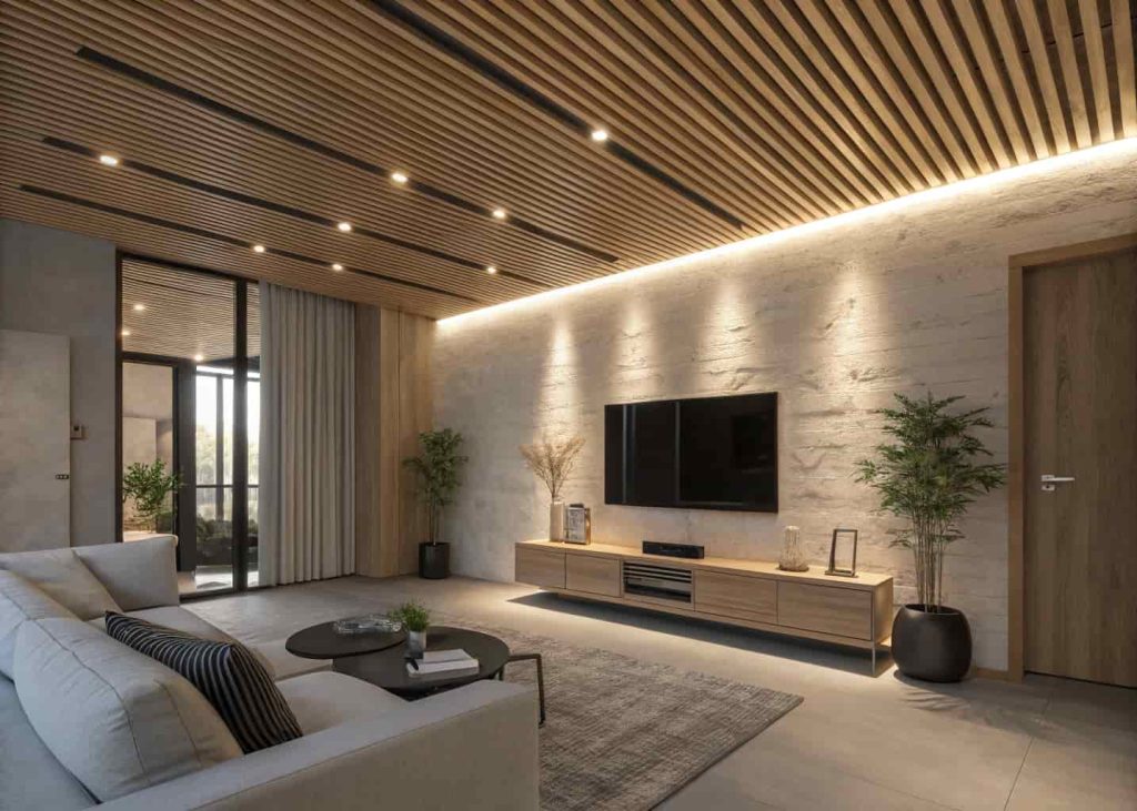 Wooden slat ceiling with linear pattern in a modern living room, soft lighting, contemporary decor