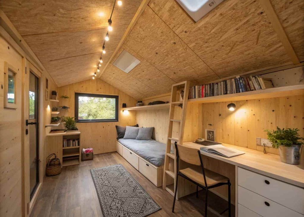 small room with plywood ceiling, cozy compact design