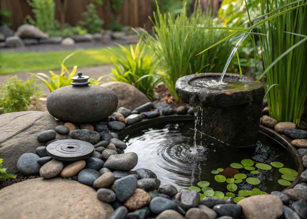 A small garden water fountain or pond surrounded by smooth black river rocks, aquatic plants nearby, peaceful outdoor garden, natural photography style