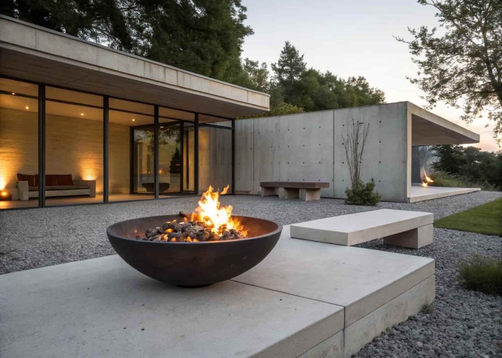 A dark steel fire bowl burning on a gravel surface in a minimalist modern backyard at dusk, with concrete benches nearby.