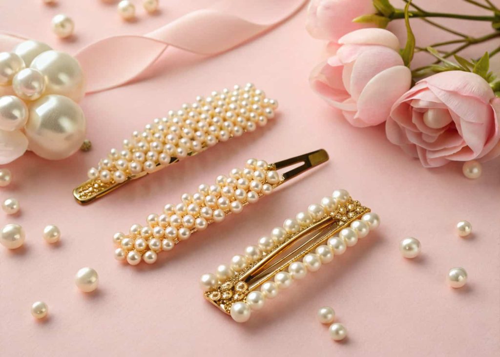 A collection of hair clips decorated with pearl and gold beads arranged in a flat lay on a soft pink background with gentle natural lighting
