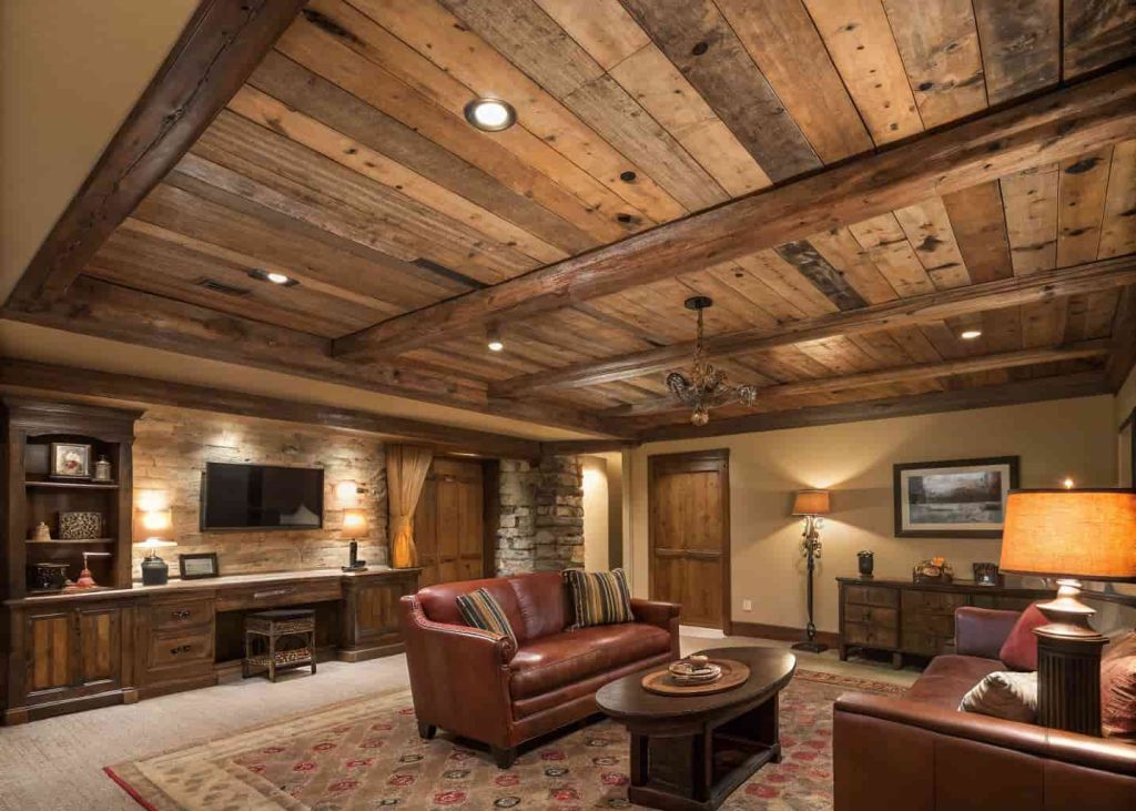 Reclaimed wood ceiling with mixed textures in a cozy rustic room, warm tones, vintage decor