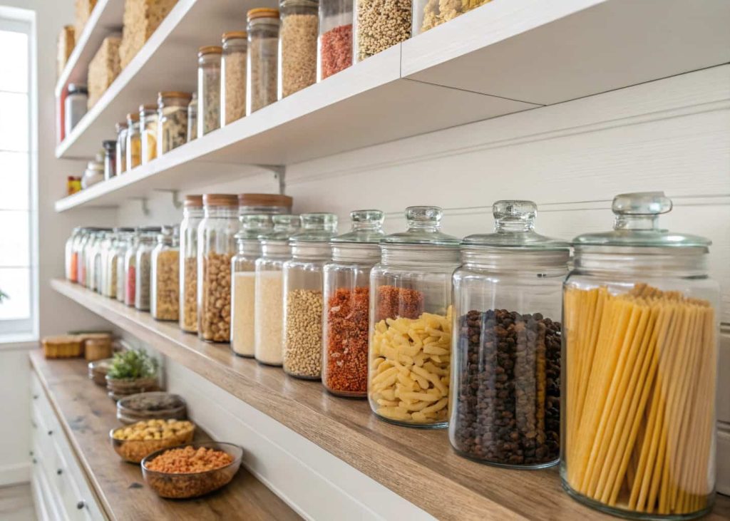 Kitchen shelves with clear jars neatly arranged