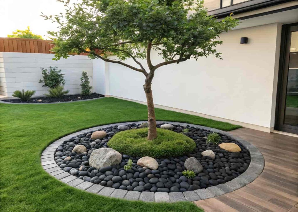 A tree in a green lawn with a circular border of smooth black river rocks around its base, clean tidy garden look, natural daylight, curb appeal yard photography