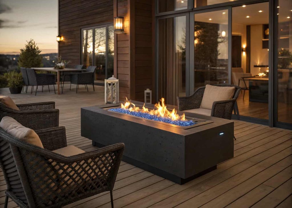 A modern gas fire pit table with blue and orange flames on a wood deck, surrounded by wicker chairs in the evening.