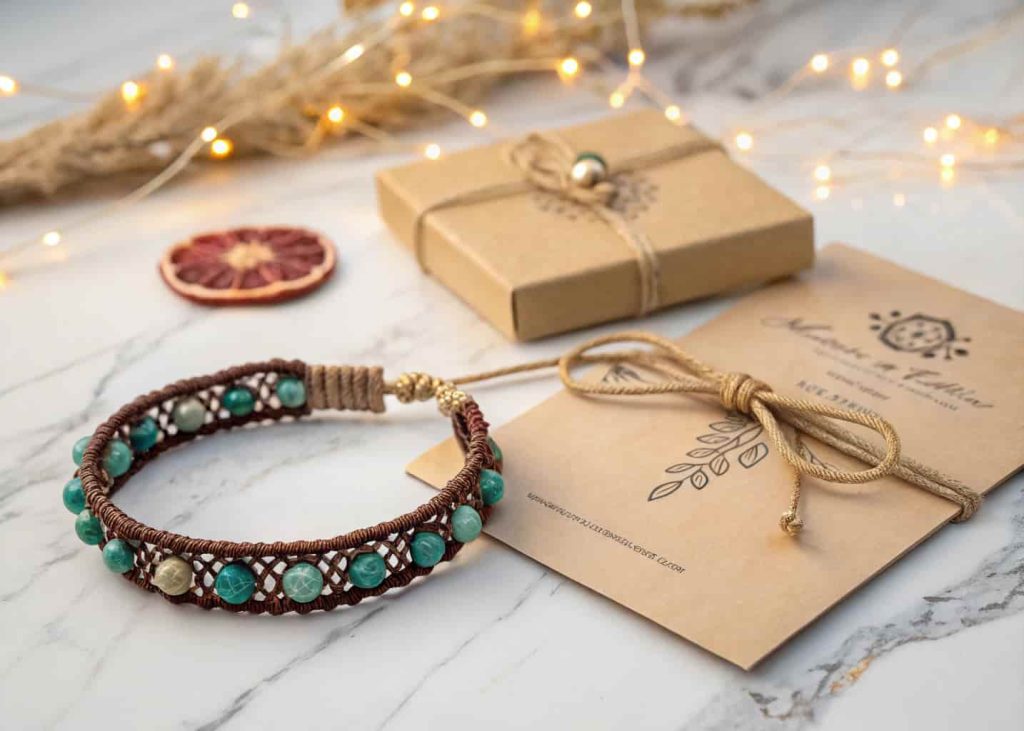 A handmade beaded bracelet displayed on a kraft paper jewelry card tied with natural twine on a marble surface showing elegant simple packaging