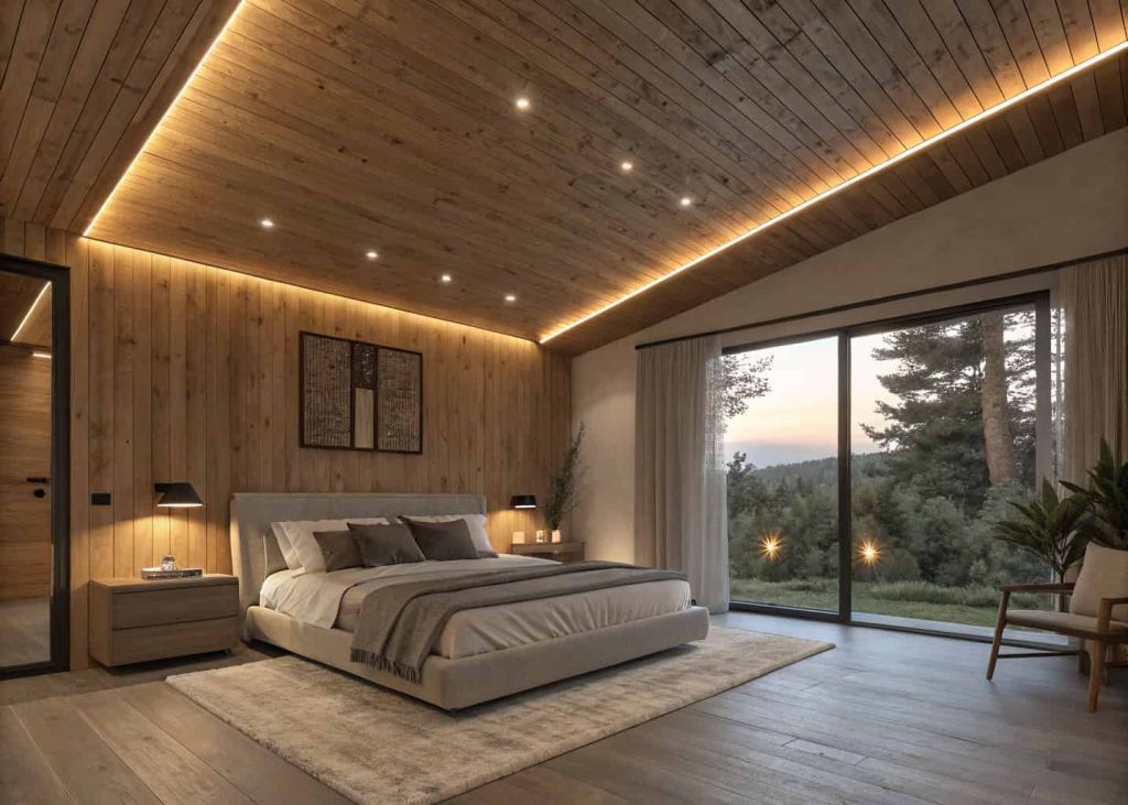 Wood ceiling with hidden LED strip lighting, cozy bedroom setting, warm ambient glow, modern design
