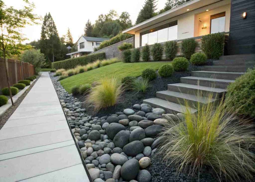 A garden slope covered with smooth black river rocks with a few ornamental grasses planted between them, clean modern landscaping, natural outdoor light, residential yard