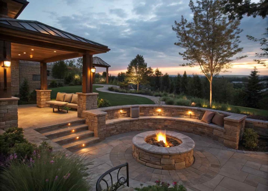 A sunken fire pit lounge with stone bench seating around a central fire, set below yard level with warm evening lighting.