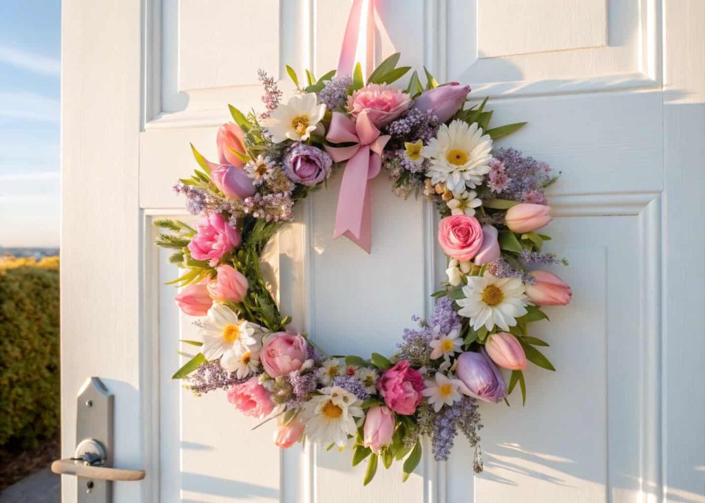 A pastel-colored spring wreath with tulips, daisies, peonies, and a small pink ribbon bow, hanging on a white door in daylight.