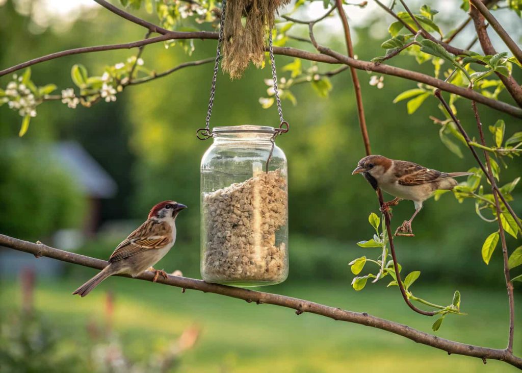 Mason jar bird feeder hanging from a branch, filled with seeds, sparrows perched, backyard garden setting”