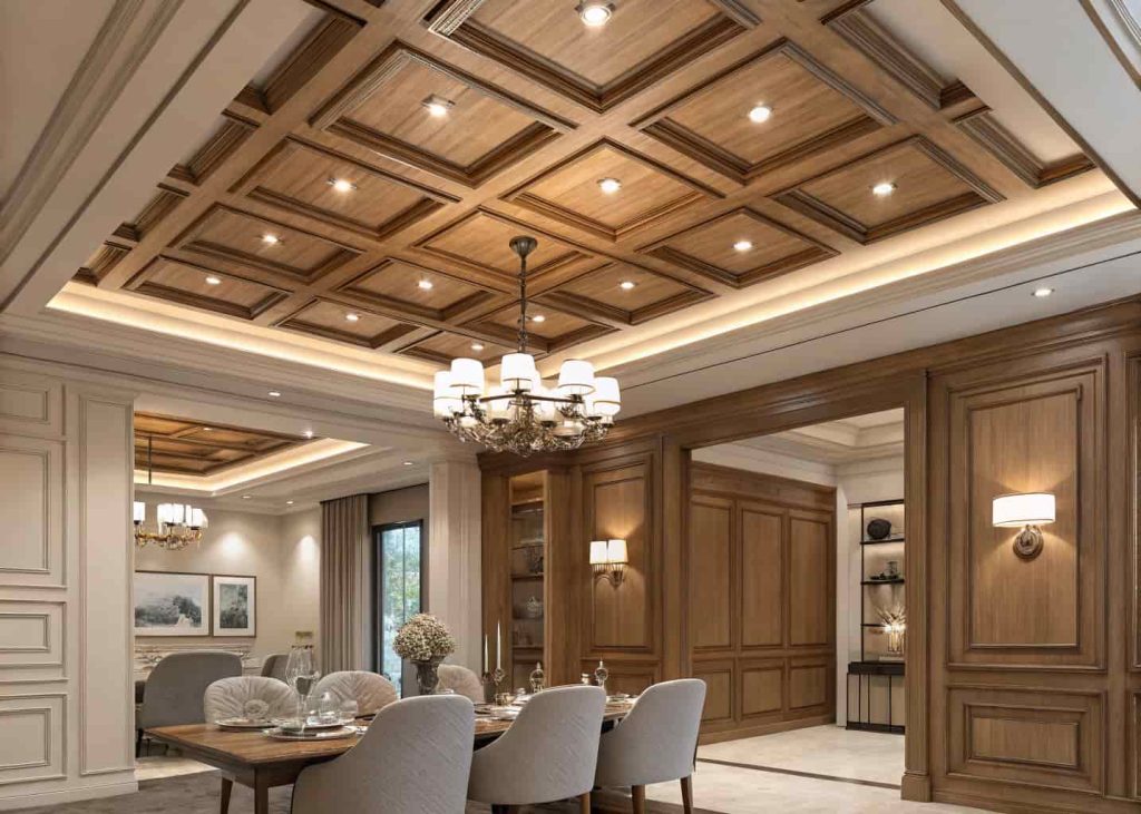 Budget coffered wood ceiling with square patterns in a stylish dining room, elegant lighting, neutral tones