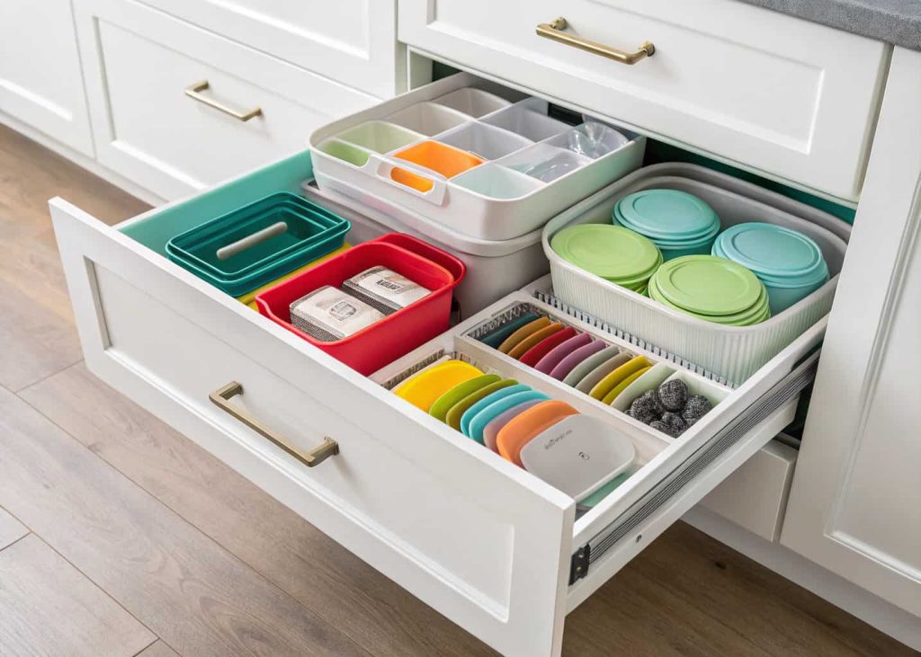 Kitchen drawer with neatly arranged organizers